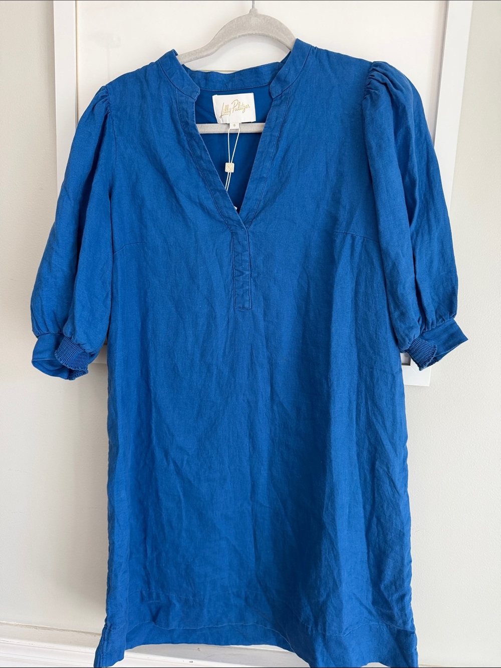 Lilly Pulitzer Royal Blue Linen V-Neck Puff Sleeve Tunic Dress size 6